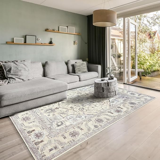 GLN Rugs Traditional Collection - Machine Washable Area Rug, Traditional Washable, Non Slip, Low Pile Chenille Rug, Living Room, Bedroom, Kitchen Rug (5' x 7' Cream/Gray)
