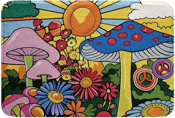 Kawaii Mushroom Bathroom Rugs Boho Sun Bath Mat Hippie Groovy Floral Non Slip Bath Rugs 60s 70s Retro Vintage Theme Fluffy Plush Rugs 16x24 Chic Daisy Flower Shower Carpet Geometric Striped Decor