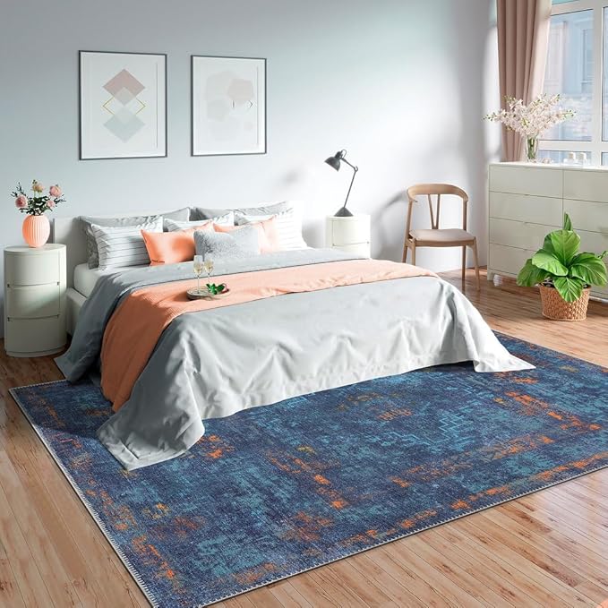 GLN Rugs Contemporary Collection - Machine Washable Area Rug, Contemporary Washable, Non Slip, Low Pile Chenille Rug, Living Room, Bedroom, Kitchen Rug (4' x 6' Midnight/Multi)