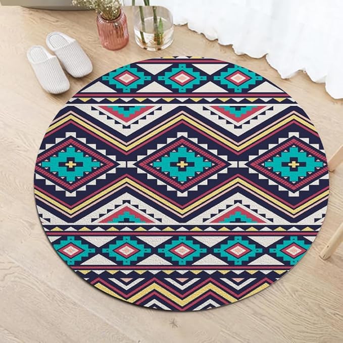 Native Tribal Geometry Round Rug Vintage Blue White Living Room Bedroom Area Rug Non Slip Soft Low Pile Washable Indoor Floor Carpet for Dining Room Kitchen Office Entryway 4ft