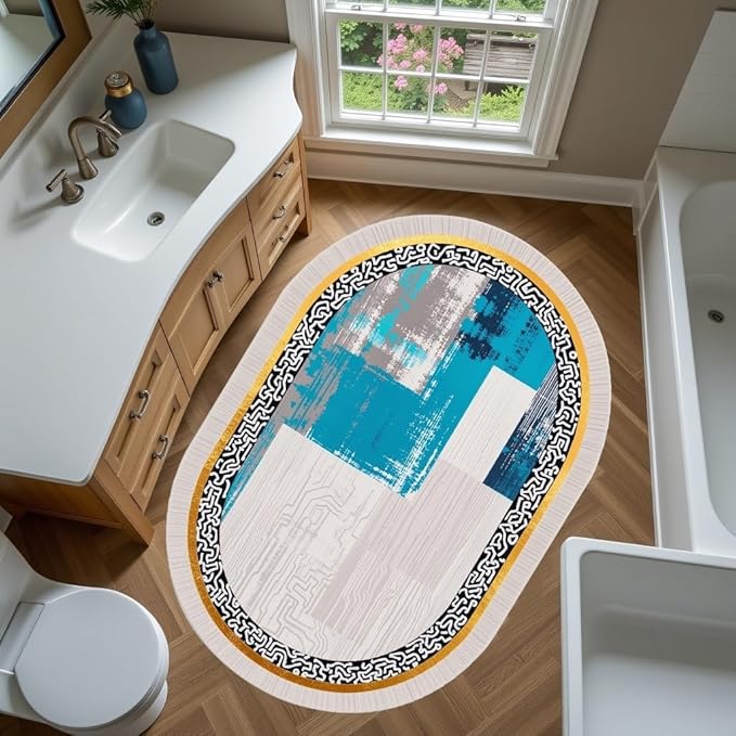 Vintage Luxury Grey Blue Gold Abstract Geometric Texture Oval Area Rug 7x10 for Living Room Bedroom Dining Room Minimalist Bordered Large Rugs Nursery Dorm Kitchen Entryway Soft Non Skid Floor Carpet