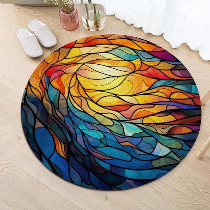 Abstract Colorful Pattern Round Rug Vintage Church Glass Area Rug Washable Soft Non-Slip Floor Carpet Low Pile Accent Rugs for Entryway Living Room Dining Room Bedroom Home Office 3ft