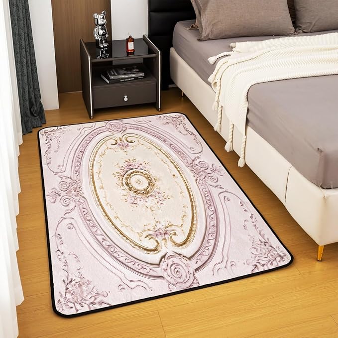 Light Pink 3 x 5 Area Rug Antique Decor Boho Floral Rugs for Living Room | Bohemian Flowers Washable Rug, Minimalist Damask Victorian Carpet Indoor Floor Mat