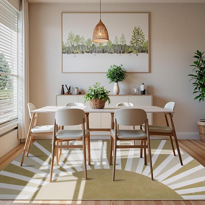 Lahome Area Rugs 9'x12' - Non-Slip Washable Living Room Rug 9x12 Ultra-Thin Large Soft Bedroom Rugs, Boho Rainbow Sun Print Indoor Non-Shedding Floor Rug for Dining Room Table Office (9'x12', Khaki)