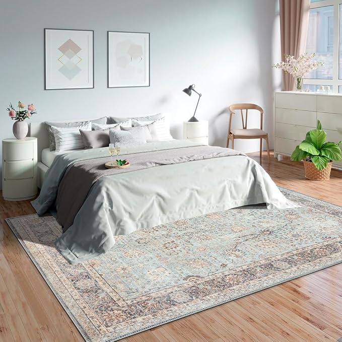 GLN Rugs Traditional Collection - Machine Washable Area Rug, Traditional Washable, Non Slip, Low Pile Chenille Rug, Living Room, Bedroom, Kitchen Rug (4' x 6' Light Blue)