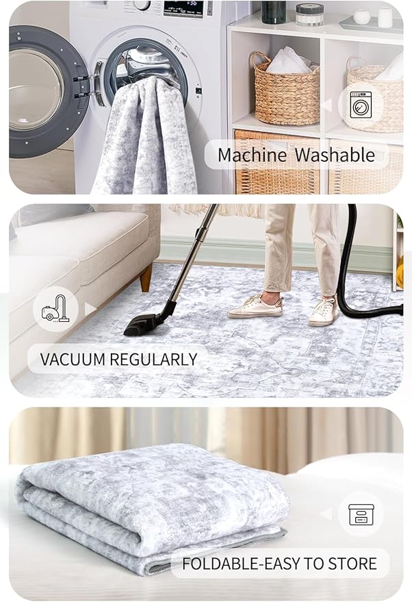 COMSLE 4x6 Rugs for Living Room Washable Area Rugs for Bedroom Faux Wool Distressed Throw Rugs Absorbent Non-Slip Floor Carpet for Indoor Kitchen Laundry Room Gray