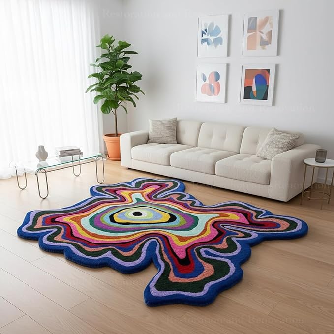 Irregular Shaped Handmade Wool Rug | Modern Colourful Stripe Premium Area Rug Perfect for Home Decor (Multi B, 9x9 ft)