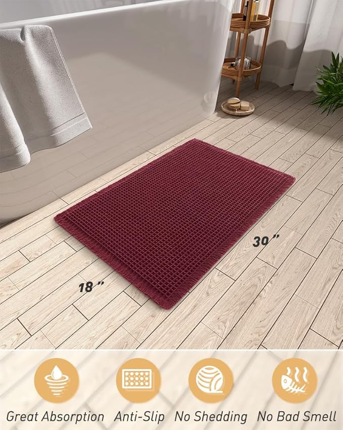 Upgraded Christmas Waffle Bath Mat, Super Absorbent Non Slip Bath Mats for Bathroom Floor, Machine Washable Bathroom Rugs with Tassels, Rubber Backed Bathroom Mats, Ultra Soft, 18" x 30", Burgundy