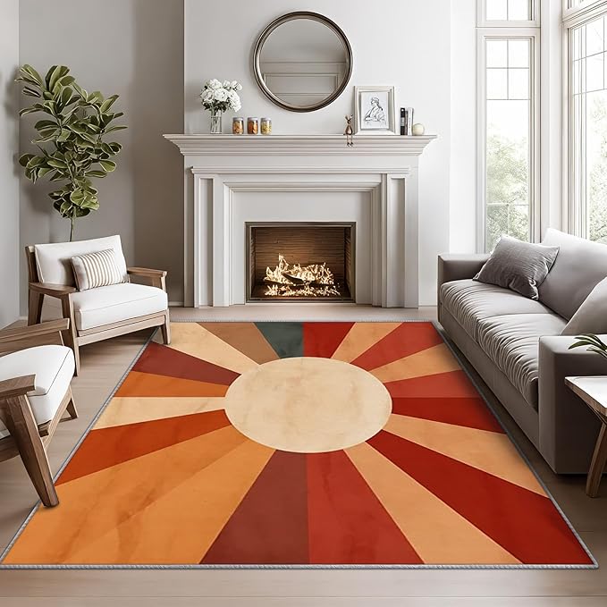 70s Rugs for Living Room -Retro Sun Rug, 3x4 ft, Mid Century Sun Area Rugs for Bedroom, Red and Orange Washable Carpet for Entryway, Kitchen, Boho Retro 70s Home Decor & Gifts