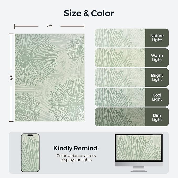 WITSHOCK 7x9 Washable Rug for Living Room,Modern Floral Distress Print Pattern Area Rugs,Stain Resistant with Non Slip Backing Carpet for Dining Room,Bedroom & Home Decor,Green/Light Green
