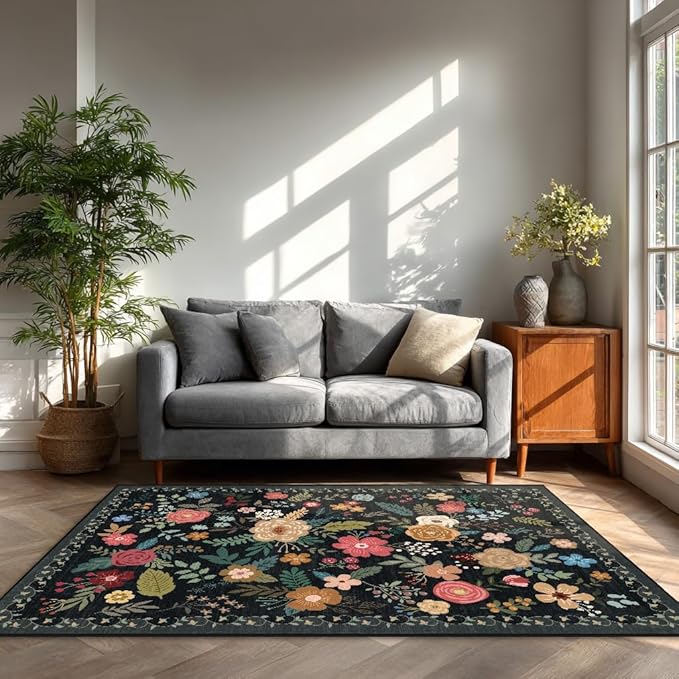 5x7 Area Rug, Floral Rugs for Living Room, Stain-Resistant Washable Bedroom Rug, Non-Slip Area Rugs for Dining Room Under Table, Indoor Carpet for Home Office (5 x 7 Black)