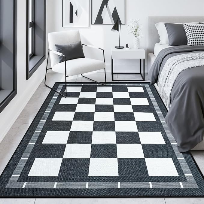 Vasofe Plaid 3x5 Outdoor Patio Rug,Checkered Jute Entryway Rugs, Washable Black and White Indoor Bedroom, Farmhouse Neutral Front Door Mat,Modern Carpet for Porch Patio Balcony Kitchen