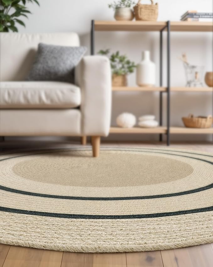 DEXI Round Jute Rug Natural Fiber 5x5, Braided Woven Area Rugs No Shed, Soft Neutral Rustic Carpet Mat for Indoor Outdoor Patio Dining Living Room Bedroom Farmhouse, 5ft, Ivory/Black