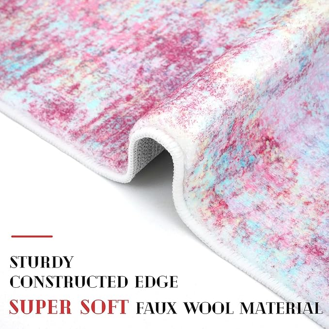 Modern Abstract 2x3 Girls Room Rug, Machine Washable Blush Pink Sky Blue Small Area Rug Thin Kitchen Mat Non-Slip, Print Faux Wool Soft Floor Carpet for Girl Women's Bedroom Entryway Bedside