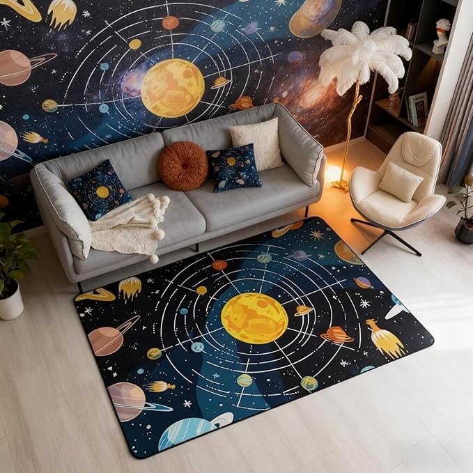 Outer Space Large Area Rug 5x7 Universe Solar System Living Room Rug | Cosmic Planet Rugs for Bedroom, Educational Learning Galaxy Carpet Indoor Floor Mat