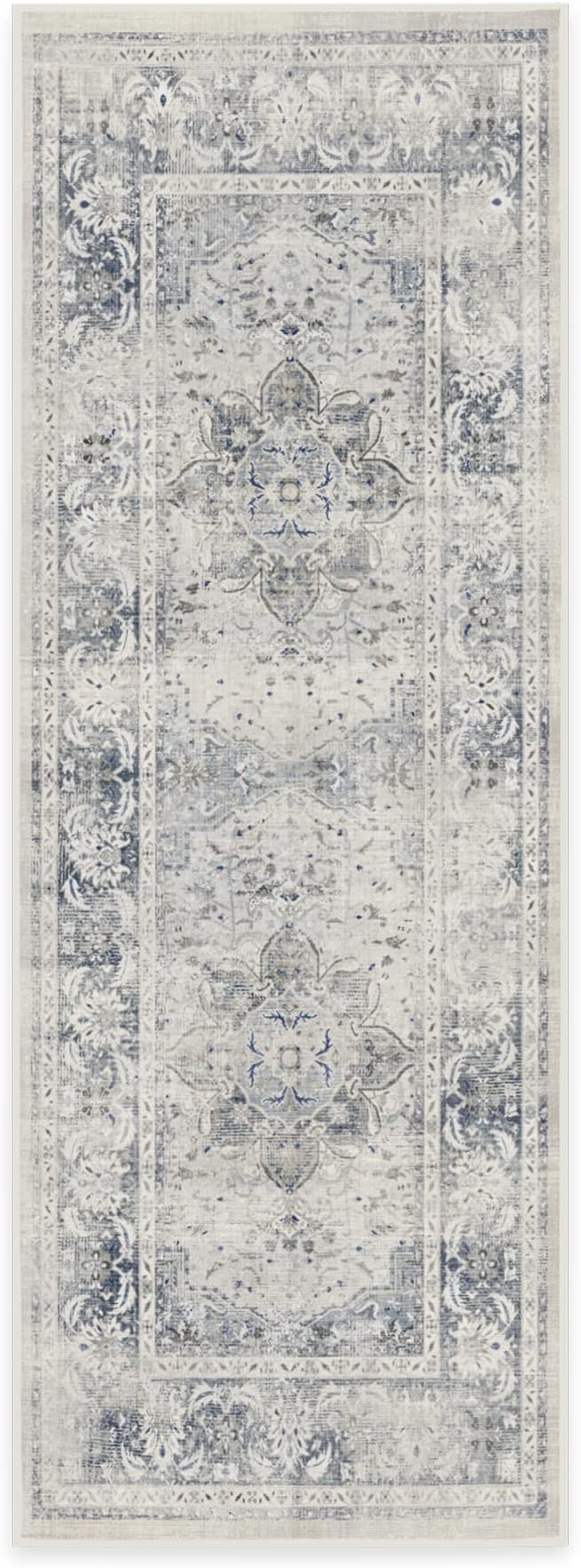 RUGGABLE Washable Vintage Runner Rug – Sarrah Blue Quartz 2.5x7, Stain-Resistant, Non-Slip Hallway Runner – Machine Washable Rug for Hallway, Entryway, Living Room & Kitchen–with Standard Pad