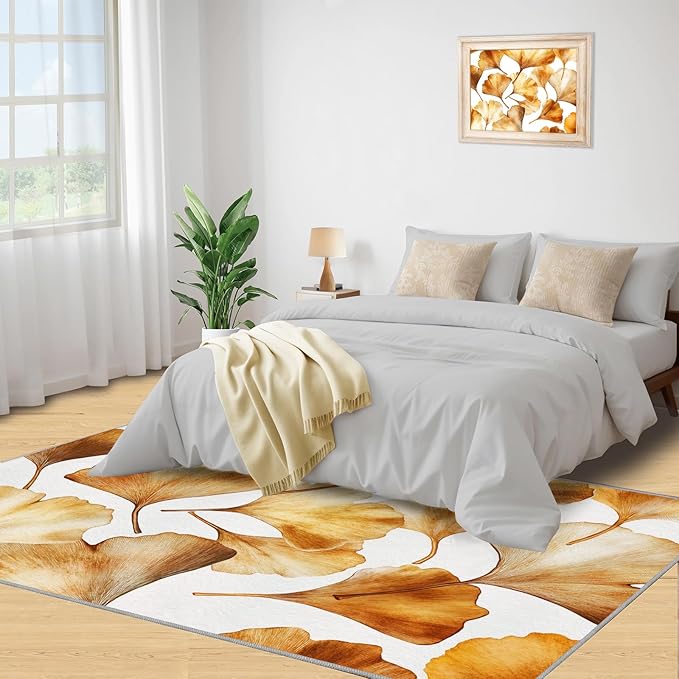 Golden Leaf Rugs for Bedroom - 6x9 Area Rug - 3D Ginkgo Leaf Rugs for Living Room, Modern Simple Art Rug, Non-Slip Washable Home Decor Carpet