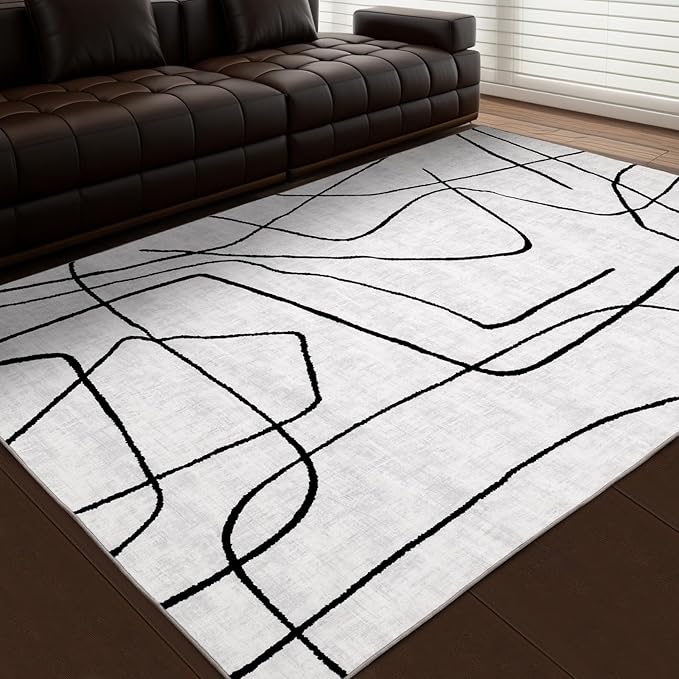 YIHOUSE Modern Washable 8'x10' Area Rug for Living Room Bedroom - Large Abstract Black and White Rug Non-Slip Ultra-Thin Home Decor,Abstract,8x10ft