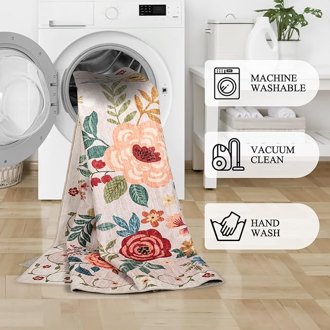 DUKINO 2x6 Runner Rug for Hallway, Washable Kitchen Runner Rug with Non Slip Backing, Low Pile Soft Boho Floral Runner for Kitchen, Hallway, Entryway, Laundry, Bedroom, Beige