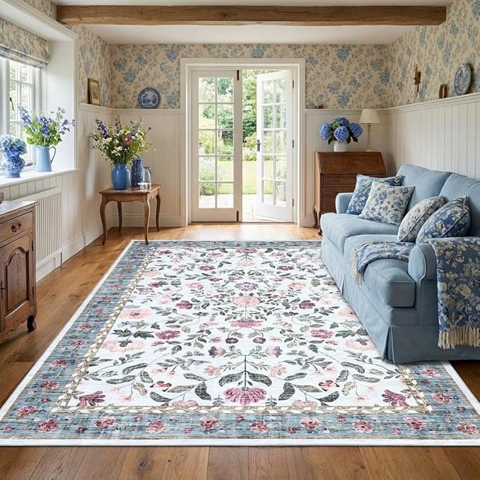 5x7 Washable Non-Slip Rug, Vintage Floral Area Rug for Living Room, Low Pile Farmhouse Distressed Carpet for Nursery Playroom Dorm Teens Office, Light Blue