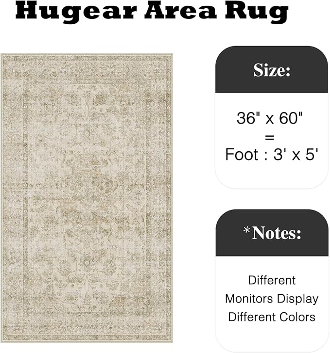 HUGEAR 3x5 Entryway Area Rug Retro Beige Small Rug Machine Washable Door Mat Vintage Floral Low Pile Carpet Distressed Throw Rug Entrance Kitchen Bedroom Bathroom Office Non Slip Soft Lightweight