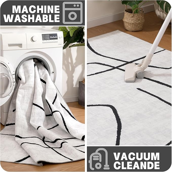 YIHOUSE Modern Washable 8'x10' Area Rug for Living Room Bedroom - Large Abstract Black and White Rug Non-Slip Ultra-Thin Home Decor,Abstract,8x10ft