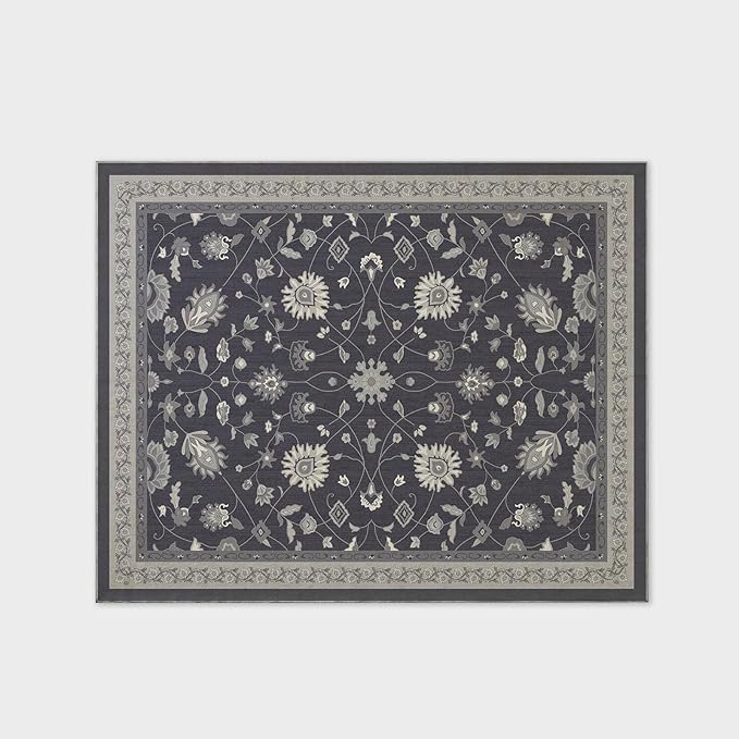 EVERGRACE Area Rugs for Living Room 8x10, Boho Floral Faux Wool Indoor Outdoor Rugs, Washable Rugs for Bedroom Dining Room Entryway Kitchen, Low Pile Floor Mat Carpet for Home Decor, Ebony Black