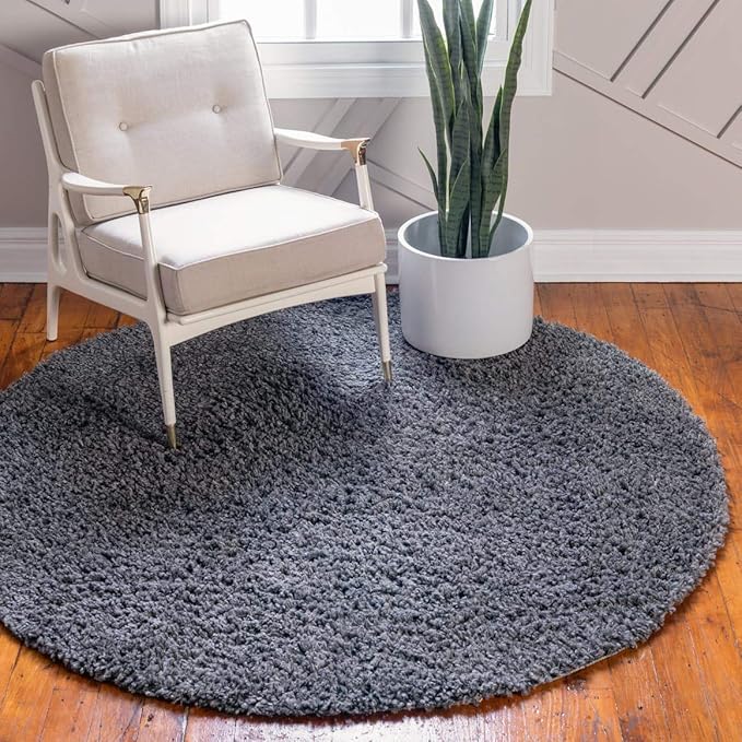 Unique Loom Davos Shag Collection Area Rug - Solid (4' 1" Round, Peppercorn)