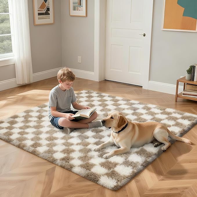 Checkered Rug for Living Room, 6x9 Beige and White Area Rugs, Classic Checkered Carpets Shaggy Area Rug, Bedside Rugs for Living Room Bedroom Kids Room Home Decor