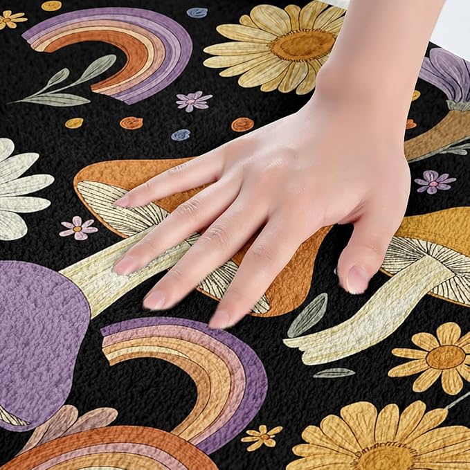 Erosebridal Trippy Mushroom Bathroom Rugs Groovy Floral Bath Mat Cute Rainbow Non Slip Bath Rugs Two Groovy Party Boho Hippie Mushroom Fluffy Plush Rugs 20x32 Retro Party Decorations Shower Carpet