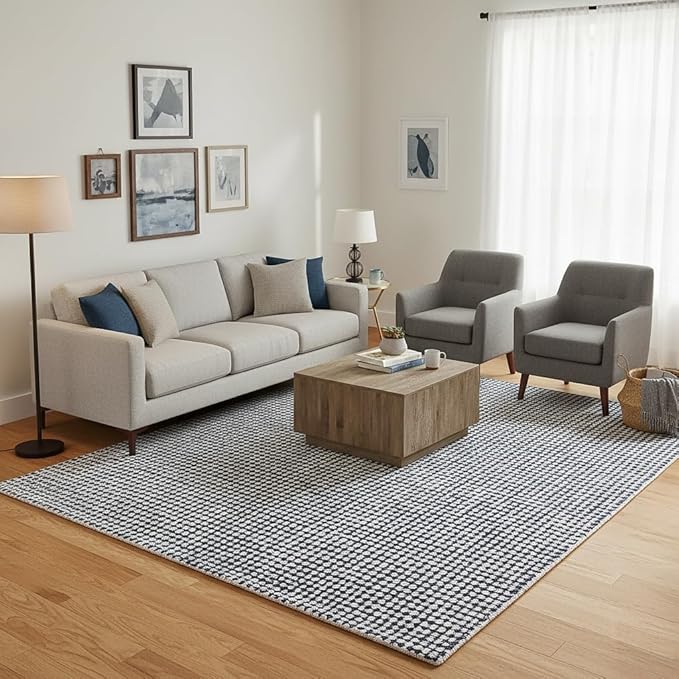 Hand-Tufted 100% Wool Pile Area Rug – Geometric Textured Grid Check Pattern – Thick and Durable Floor Carpet for Bedroom, Living Room, Kids Room, and Dining Area (Charcoal Gray, 4' x 6')
