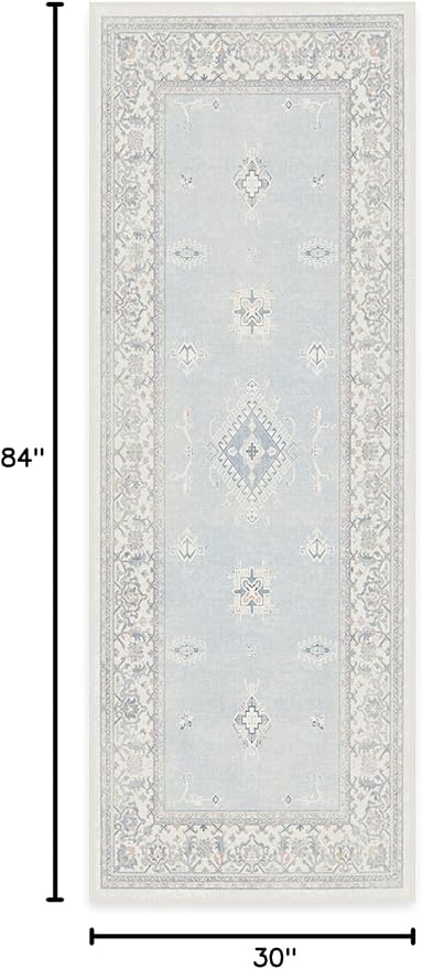 RUGGABLE Washable Vintage Runner Rug – Verena Soft Blue 2.5x7, Stain-Resistant, Non-Slip Hallway Runner – Machine Washable Rug for Hallway, Entryway, Living Room & Kitchen–with Cushioned Pad