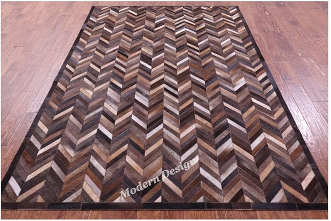 Modern Design Premium Cowhide Leather Carpet with Chevron Pattern, Area Rug (Natural Multi Brown, 9x15)
