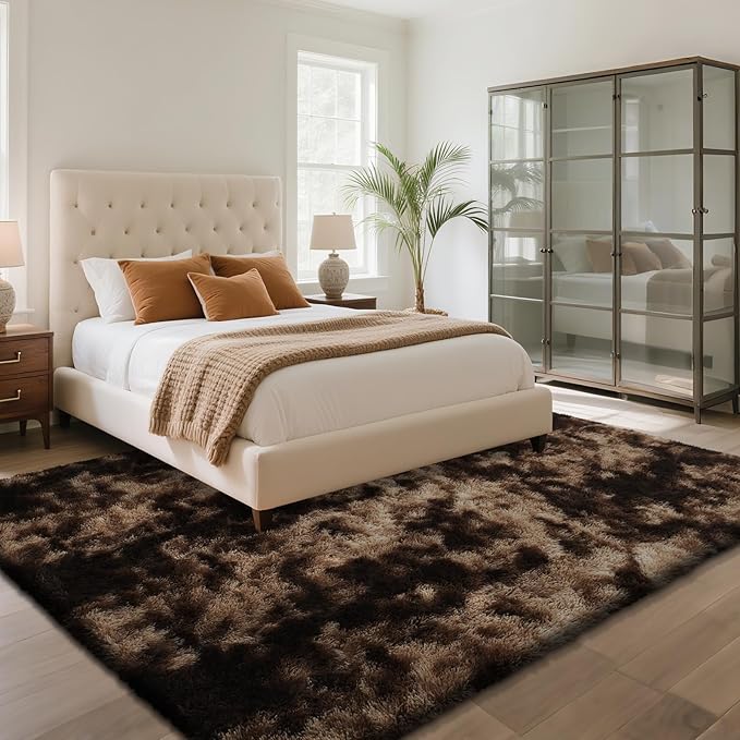 Fluffy Rug Shaggy Area Rug, Mottling Brown 8x10 Area Rugs for Living Room, Large Shag Area Rugs for Bedroom Kids Room Home Decor, Upgrade Anti-Skid Rectangular Fuzzy Rugs
