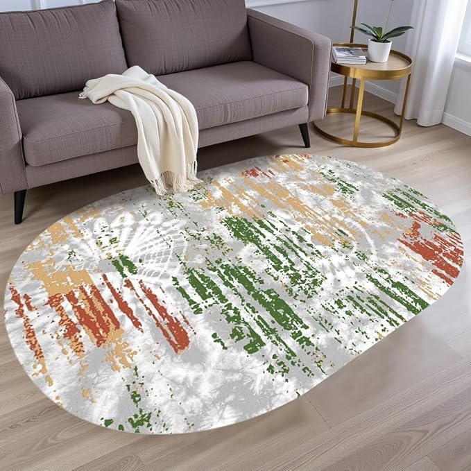 Distressed Abstract Art Aesthetic Deco Indoor Oval Rugs 12x15 for Living Room Bedroom Dining Room Soft Non Skid Easy Clean Big Carpet Nursery Dorm Farmhouse Rustic Grey Green Tie-Dye Texture Area Rug