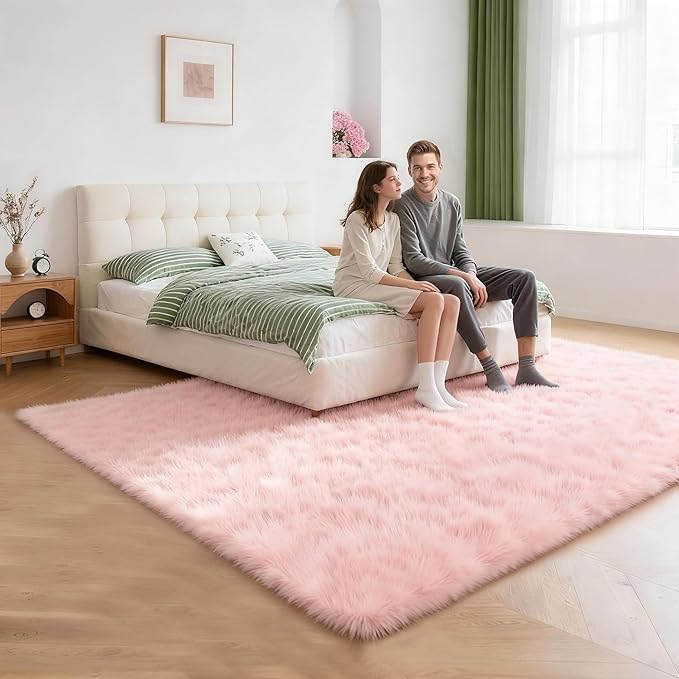 6x9 Solid Fluffy Pink Area Rug – Washable, Durable, Large Bedroom Rug, Non-Slip High Pile Shag Rugs for Living Room, Kids Room, Sofa Coffee Table, Nursery Rooms, Soft Indoor Floor Carpet