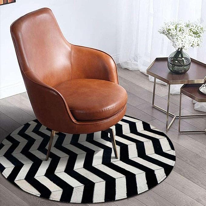 Round Cowhide Rug Black and White – Handmade Genuine Leather Chevron Patchwork Carpet – Modern Luxury Hide Area Rug for Living Room Bedroom Office Rustic Farmhouse Home Décor, (8×8ft)