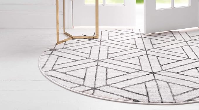 Rugs.com Lattice Trellis Collection Rug – 3 Ft Round White Low-Pile Rug Perfect for Kitchens, Dining Rooms