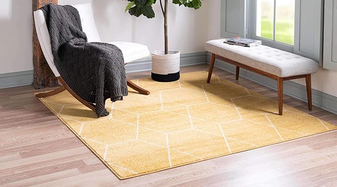 Unique Loom Trellis Frieze Collection Area Rug - Geometric (7' Square, Yellow/ Ivory)