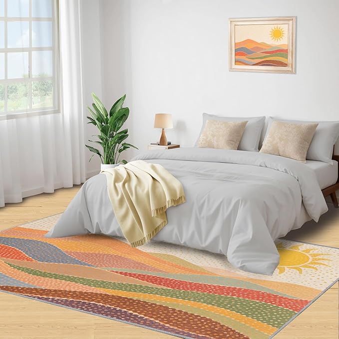 Boho Sun Area Rugs 5x6ft, Mosaic Sunburst Rugs for Kids Bedroom, Dotted Gradient Hills Office Rug Low Pile are Not Stumbling Foot for Living Room End Table Nursery