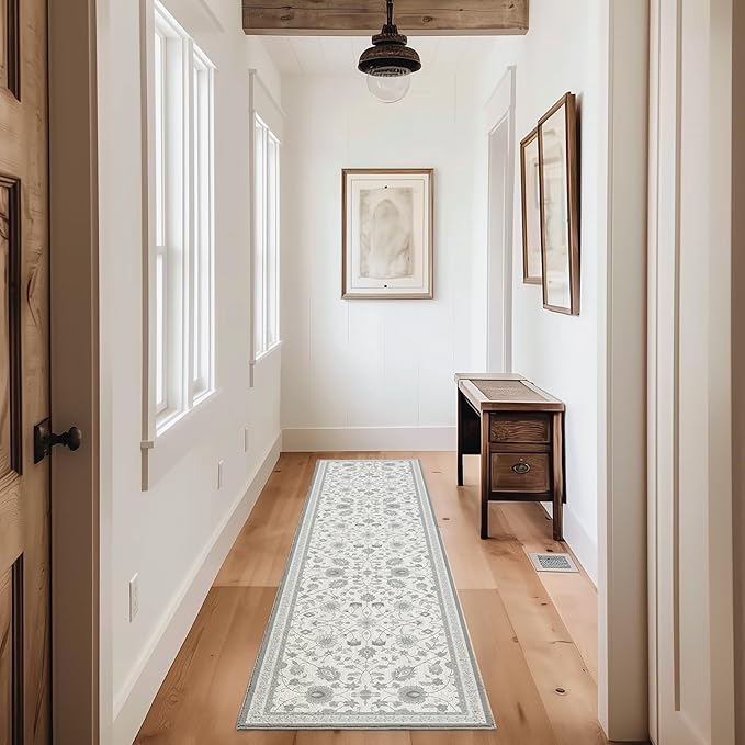 EVERGRACE Hallyway Area Runner Rugs 2x8, Boho Floral Faux Wool Indoor Outdoor Rugs, Washable Rugs for Bedroom Dining Room Living Room Kitchen, Low Pile Floor Mat Carpet for Home Decor, Cool Gray