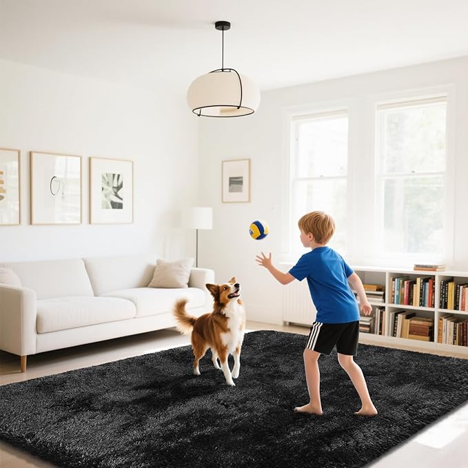 Fluffy Rug Shaggy Area Rug, Black 6x9 Area Rugs for Living Room, Large Shag Area Rugs for Bedroom Kids Room Home Decor, Upgrade Anti-Skid Rectangular Fuzzy Rugs