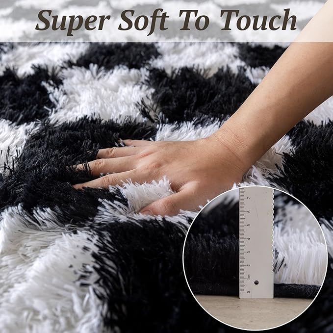 5x7 Area Rugs for Living Room Bedroom, Soft Fluffy Shaggy Bedside Rug, Indoor Floor Carpet for Kids Playroom, Dorms, Nursery Rooms, Home Decor (Black & White 5'x7')