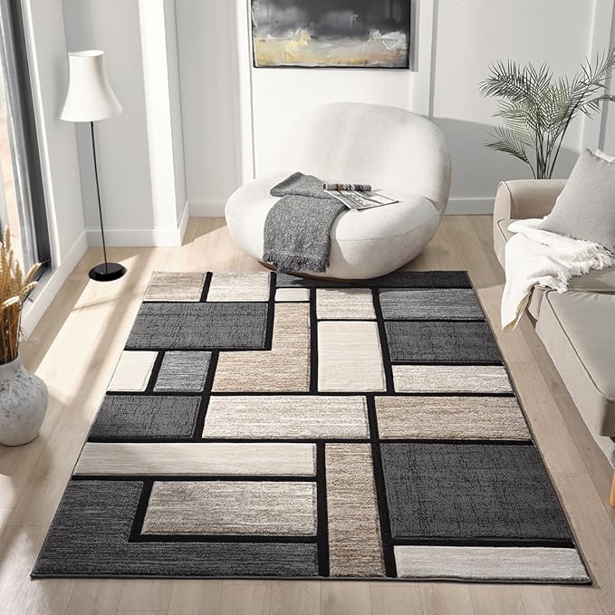 Geometric Area Rug - 6x9 Decorative Home & Office Rug - Indoor Carpet for Living Room, Bedroom, Family or Dining Room - Non-Fading Polyester Material, Stain-Proof - Beige Sand