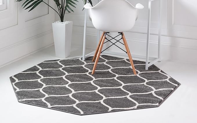 Rugs.com Lattice Frieze Collection Rug – 7' 10 Octagon Dark Gray Medium Rug Perfect for Living Rooms, Kitchens, Entryways