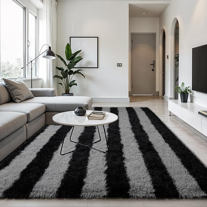 Zentavio Area Rugs for Living Room Large Rugs for Bedroom 6x9 Carpet Fluffy Fuzzy Soft Shag Aesthetic Plush High Pile Gray Throw Rug for Nursery Kids Room Dorm Horizontal Stripes Black Grey