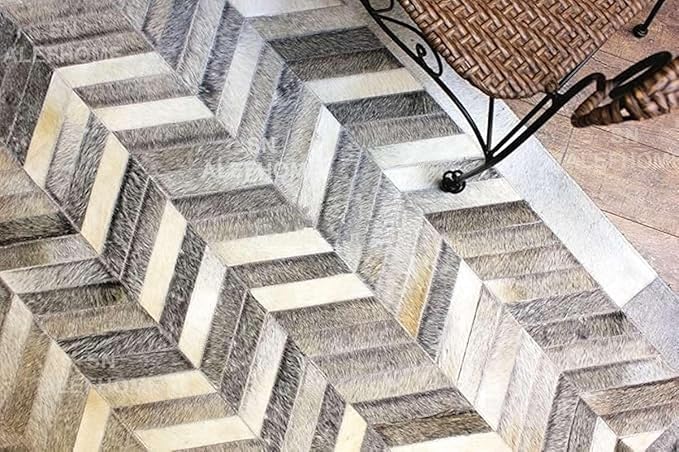 Chevron Pattern Faux Cowhide Area Rug | Non-Slip Leather Carpet for Living Room, Bedroom, and Office | Modern Designer Rug for Home Décor(9x12 ft_Grey)