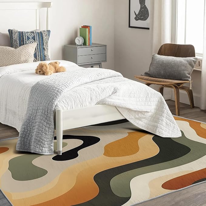 Neutral Color 7x10 Rug, Earth Tone for Entryway, Vintage Large Area, Washable Non Slip Soft Indoor Carpet, Kids and Pets Friendly, Home & Room Decor