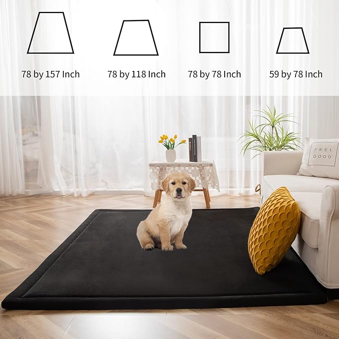MAXYOYO Black Coral Velvet Area Rug, Thick Japanese Tatami Mat Living Room Carpet with Non-Slip Backing, Large Solid Color Mat for Bedroom Dormitory Yoga, 78 by 158 inch