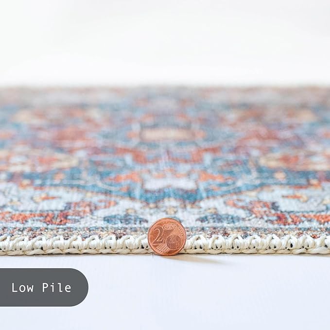 GLN Rugs Traditional Collection - Machine Washable Area Rug, Traditional Washable, Non Slip, Low Pile Chenille Rug, Living Room, Bedroom, Kitchen Rug (2'6" x 7' Cream/Terra)